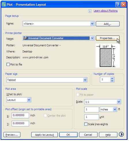 Aus der Plotterliste "Universal Document Converter" wählen und auf die Schaltfläche "Eigenschaften" klicken.