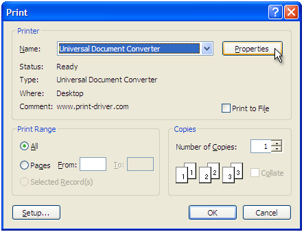 Aus der Druckerliste "Universal Document Converter" wählen und auf die Schaltfläche "Eigenschaften" klicken.