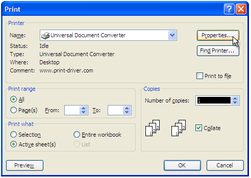 Aus der Druckerliste "Universal Document Converter" wählen und auf die Schaltfläche "Eigenschaften" klicken.