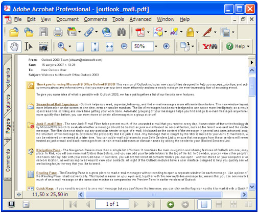 Konvertierte E-Mail in Adobe Acrobat.