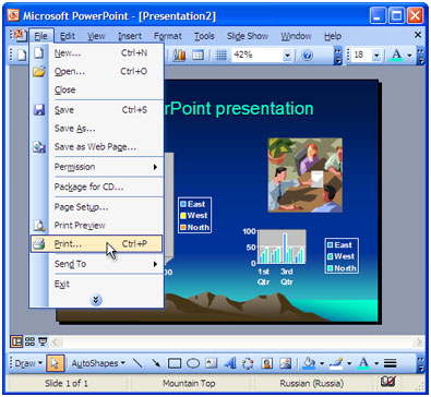 Präsentation in Powerpoint öffnen und im Hauptmenü der Anwendung auf "Datei->Drucken..." klicken.