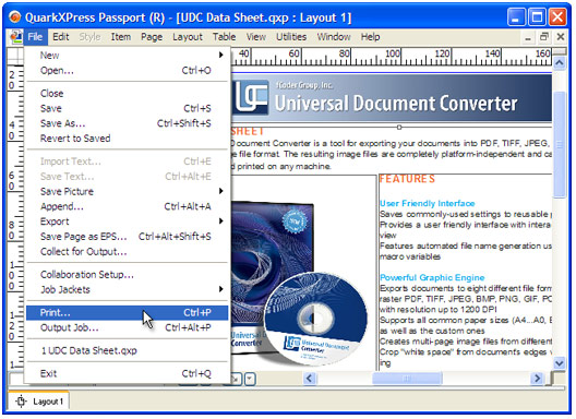 Dokument in QuarkXpress öffnen und im Hauptmenü der Anwendung auf "Datei->Drucken..." klicken.