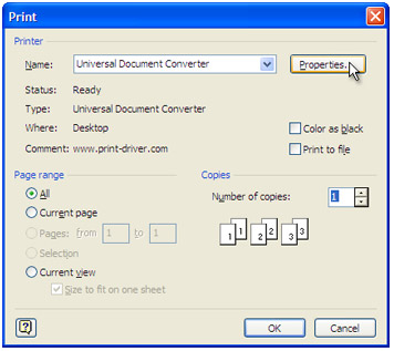 Aus der Druckerliste "Universal Document Converter" wählen und auf die Schaltfläche "Eigenschaften" klicken.