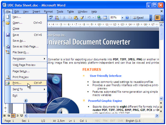 Dokument in MS-Word öffnen und im Hauptmenü der Anwendung auf "Datei-Drucken..." klicken.