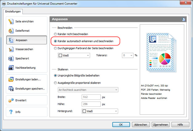 Autocrop margins feature of Universal Document Converter