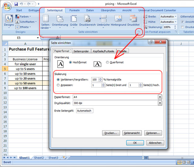 Excel page setup window