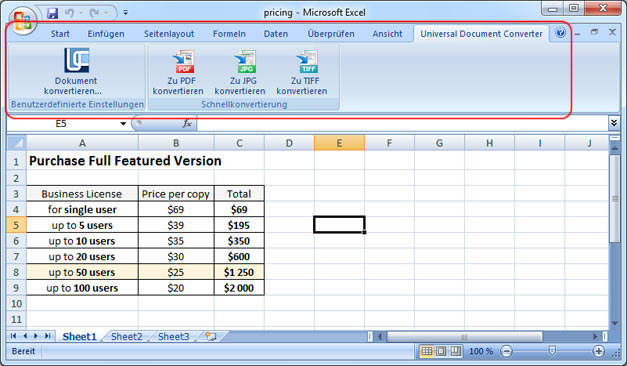 Universal Document Converter toolbar in Microsoft Excel