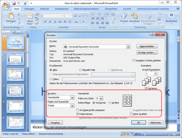 Printing several slides per sheet in Microsoft PowerPoint