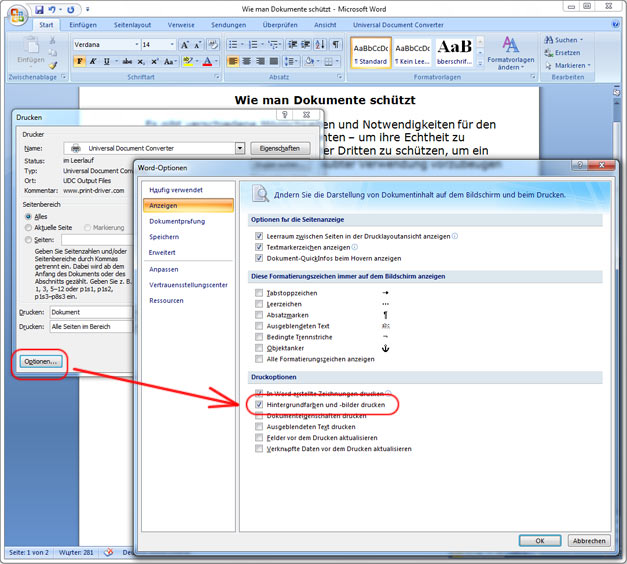 Drucken Hintergrund-Funktion in Microsoft Word