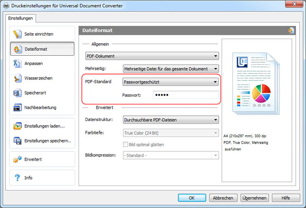 PDF-Passwortschutz in Universal Document Converter-Einstellungen