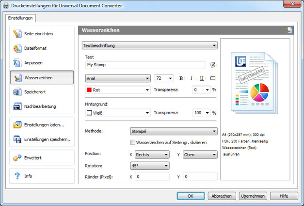 Universal Document Converter-Einstellungen für Text-Wasserzeichen