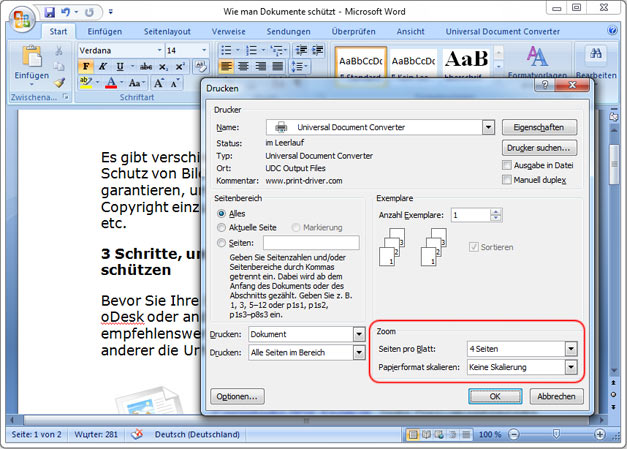 Mehrere Seiten pro Blatt-Funktion in Microsoft Word