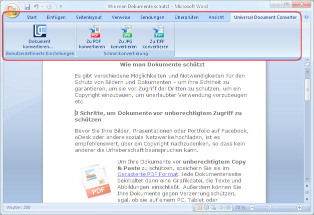 Universal Document Converter toolbar in Microsoft Word 2007