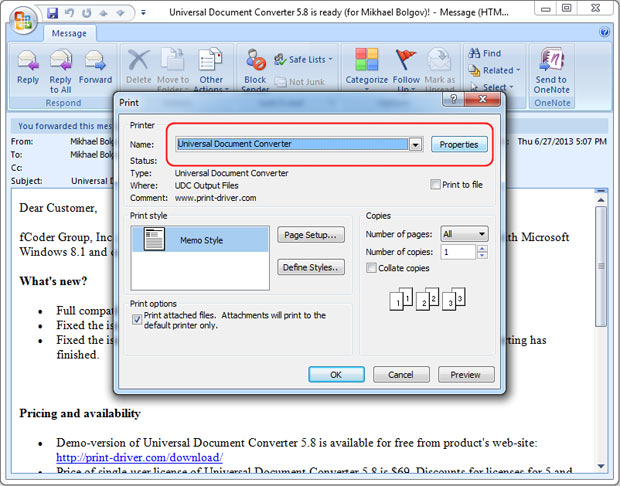 Outlook print window select UDC