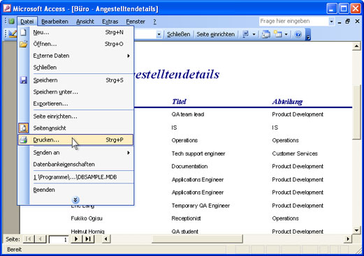 Access-Bericht öffnen und im Hauptmenü von MS-Access "Datei-Drucken..." wählen.