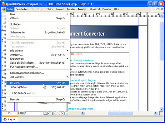 Dokument in QuarkXpress öffnen und im Hauptmenü der Anwendung auf "Datei->Drucken..." klicken.