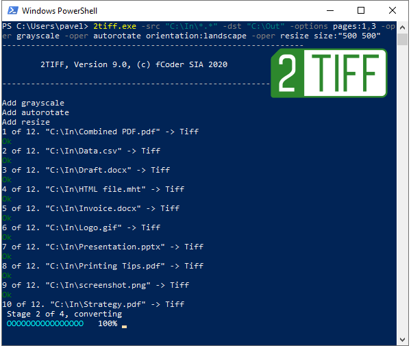 PDF, DOCX, HTML, JPG, PNG von der Befehlszeile aus mit 2TIFF in TIFF konvertieren